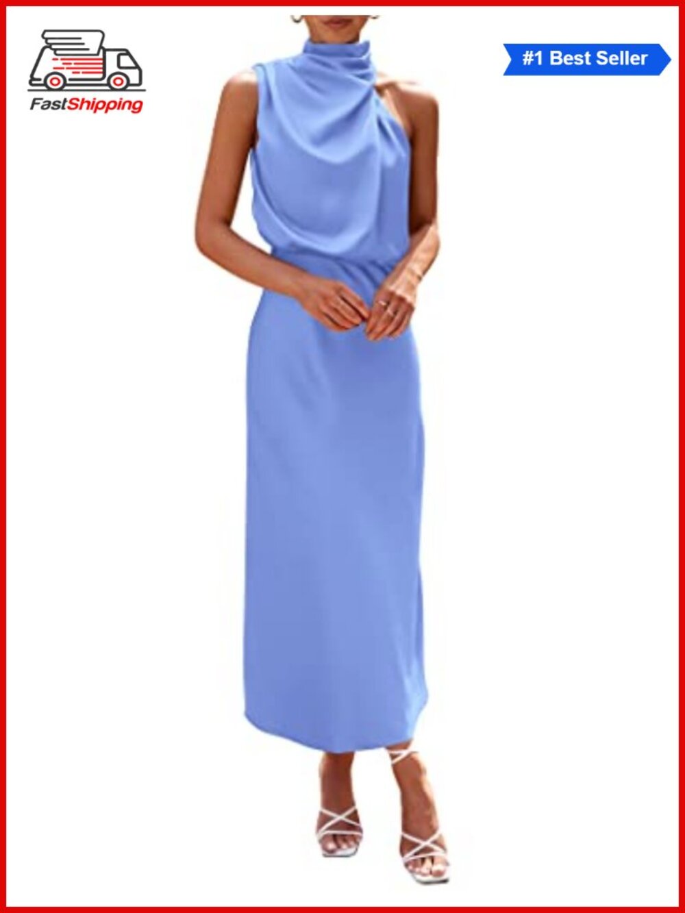 Women's Satin Sleeveless Maxi Cocktail Dress Mock Neck High Waist